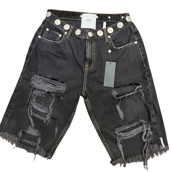 One Teaspoon Truckers Mid Waist Long-Length Relaxed Denim Shorts - Black, Size 4 - Picture 4 of 12